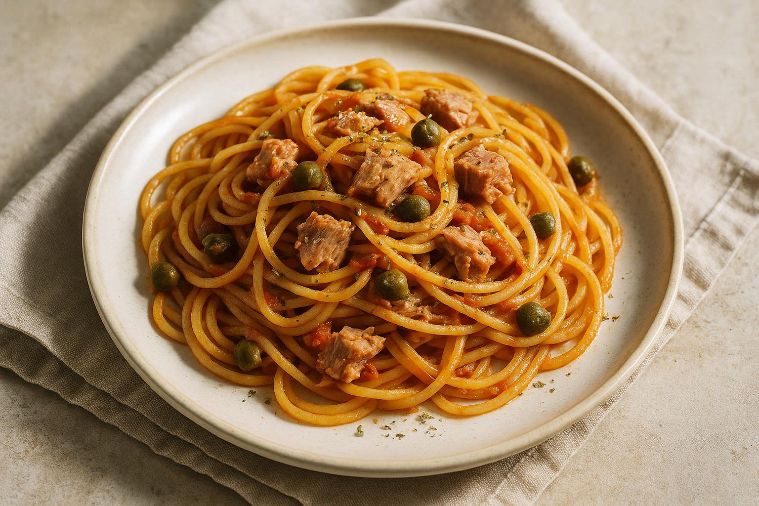 Spaghetti con tonno e capperi