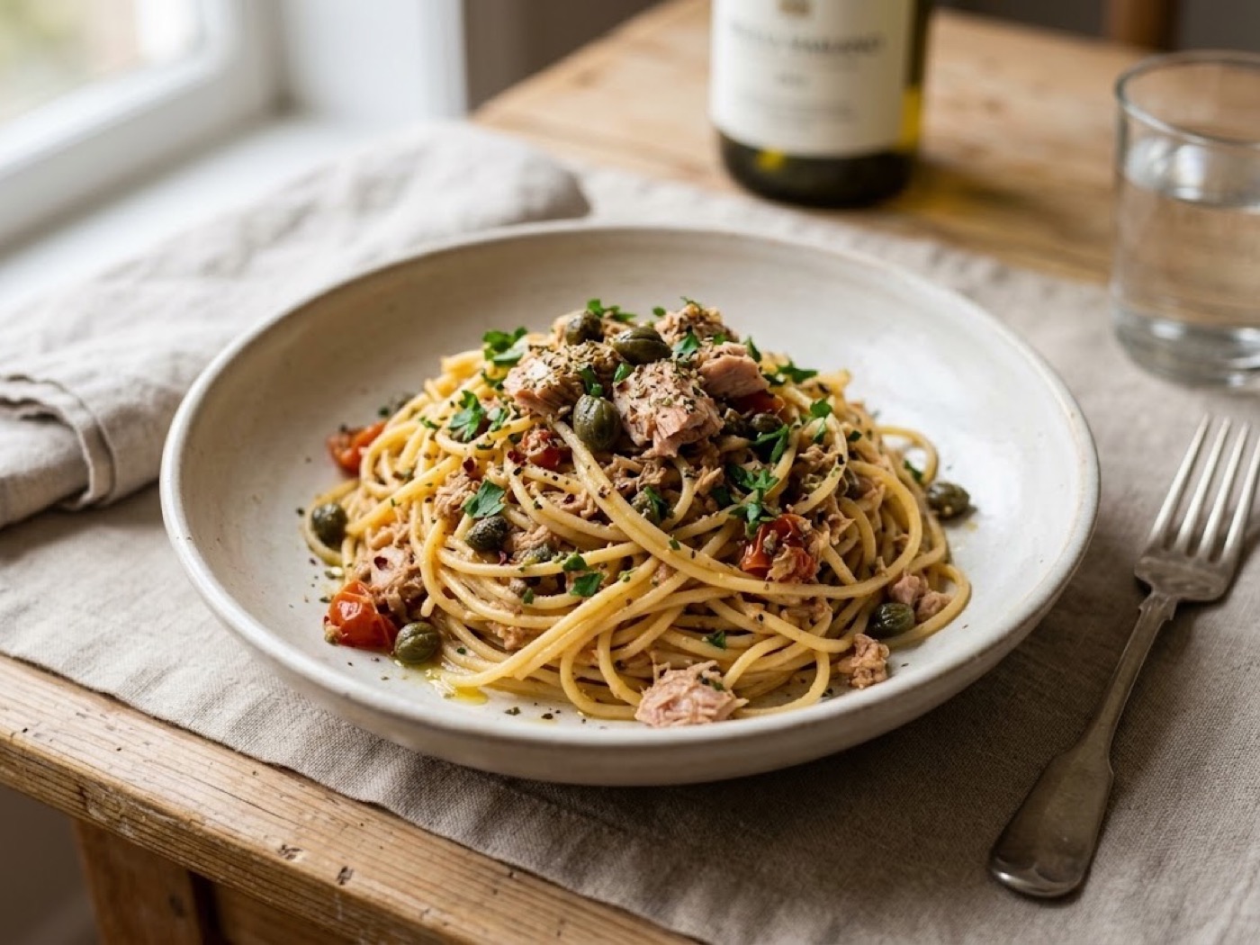 Spaghetti con tonno e capperi