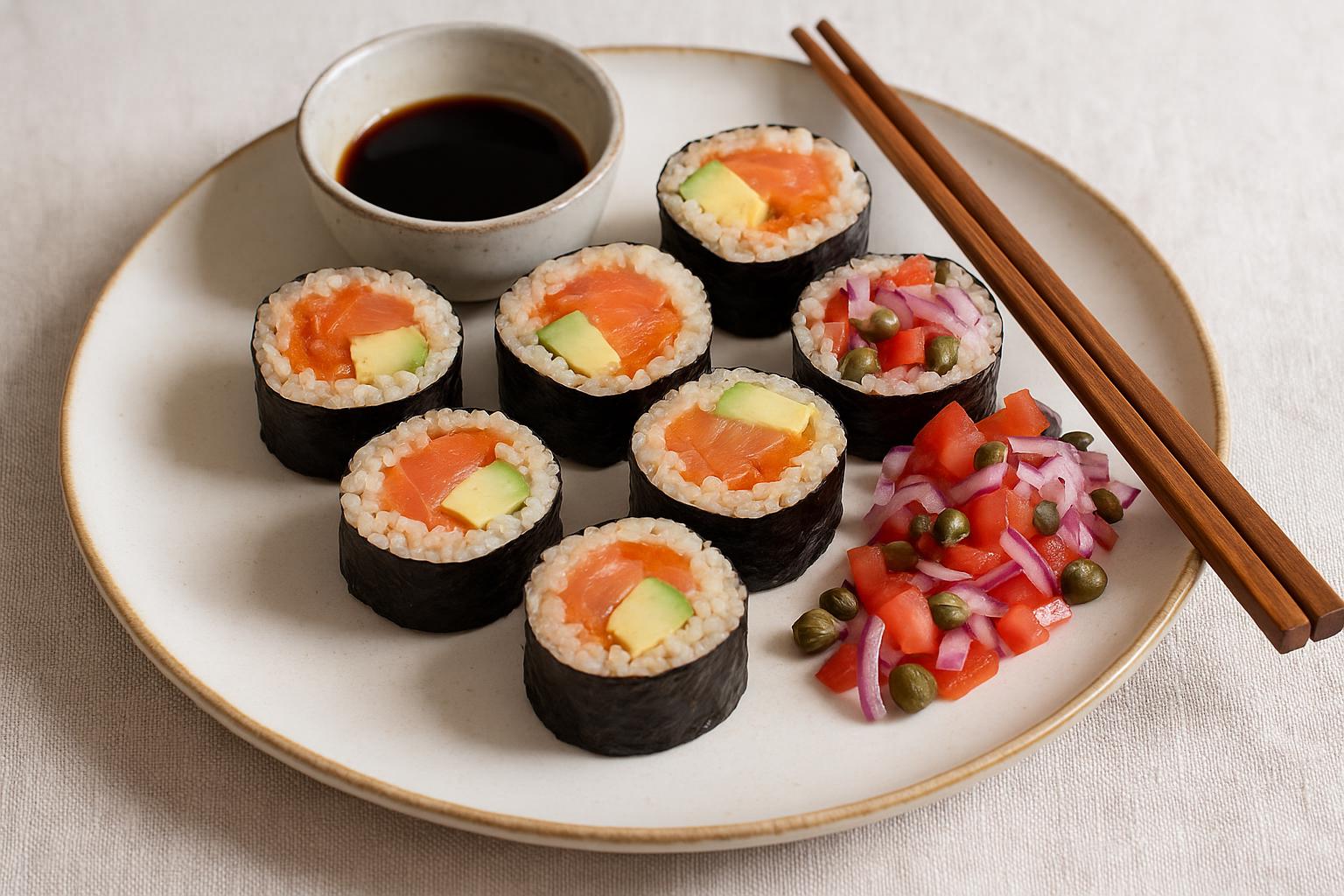 Sushi di riso, salmone e avocado