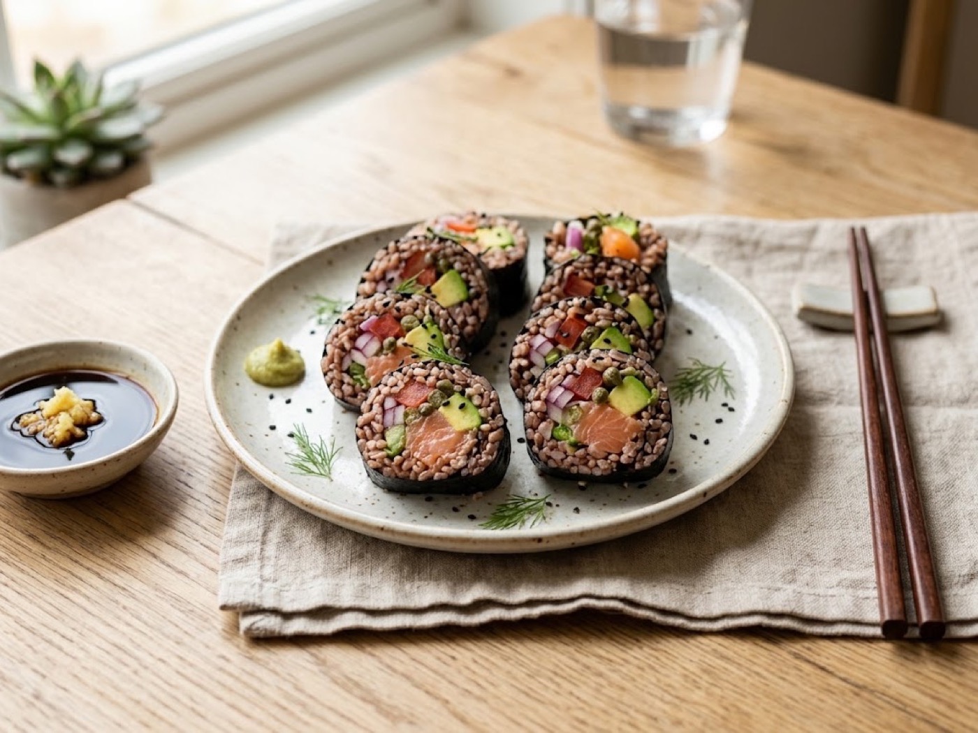 Sushi di riso, salmone e avocado