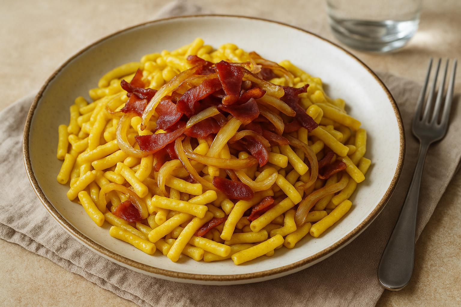Pasta curry, speck e cipolle