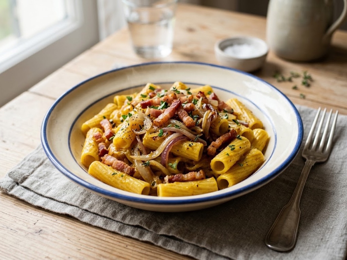 Pasta curry, speck e cipolle