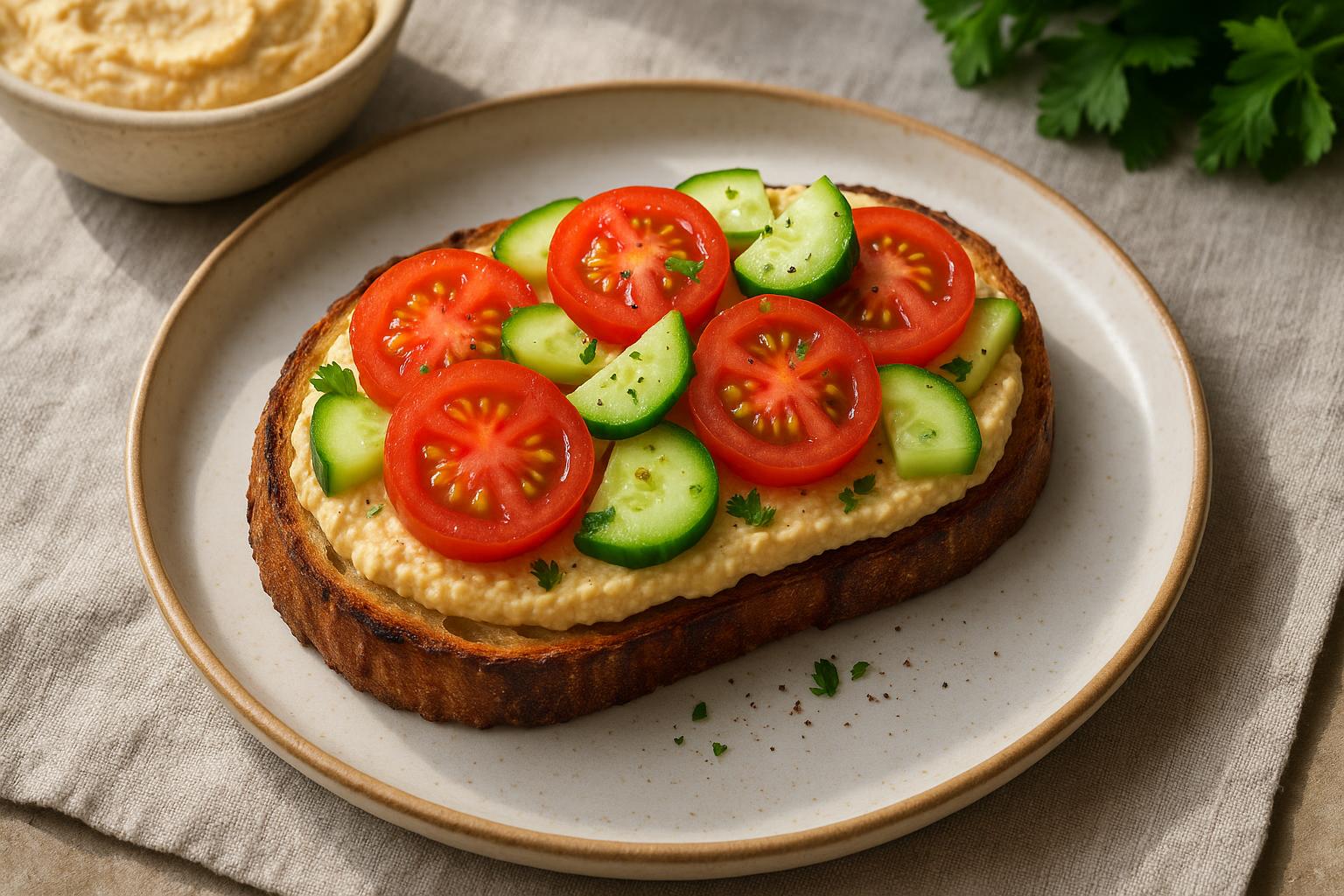 Crostone con humus, pomodori e cetrioli