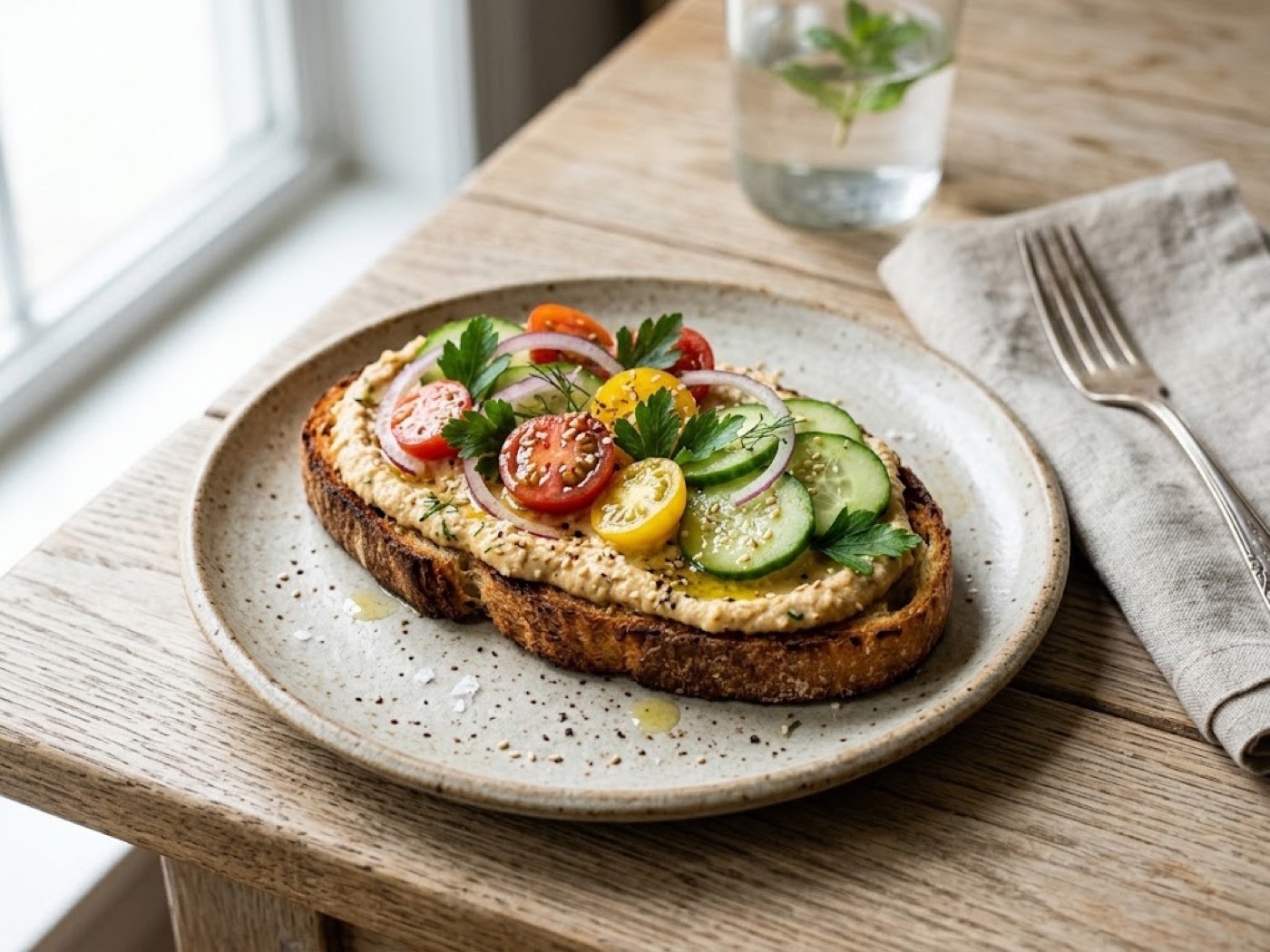 Crostone con humus, pomodori e cetrioli