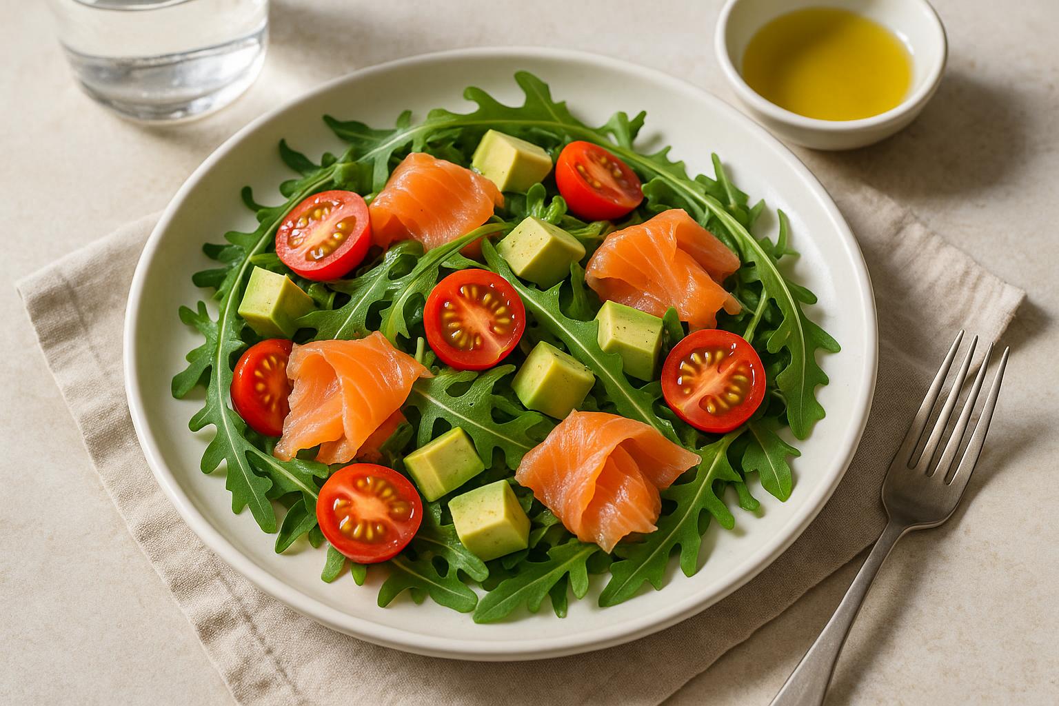 Insalata di avocado con salmone insalata e pomodorini, light e gustosa