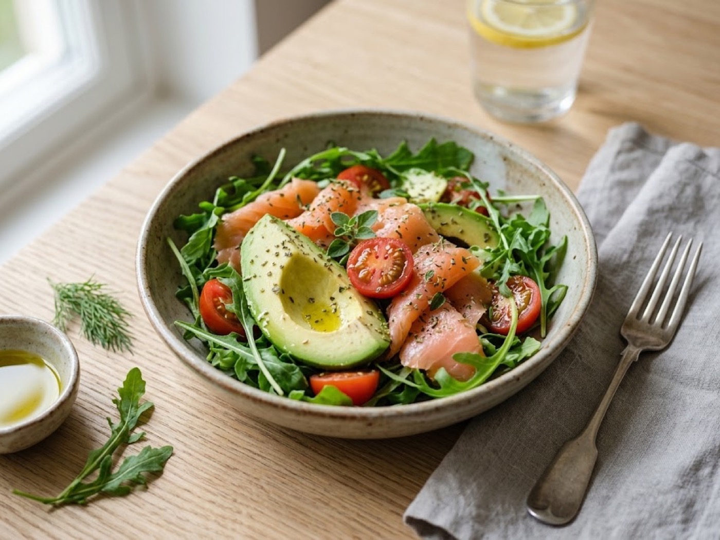 Insalata di avocado con salmone insalata e pomodorini, light e gustosa
