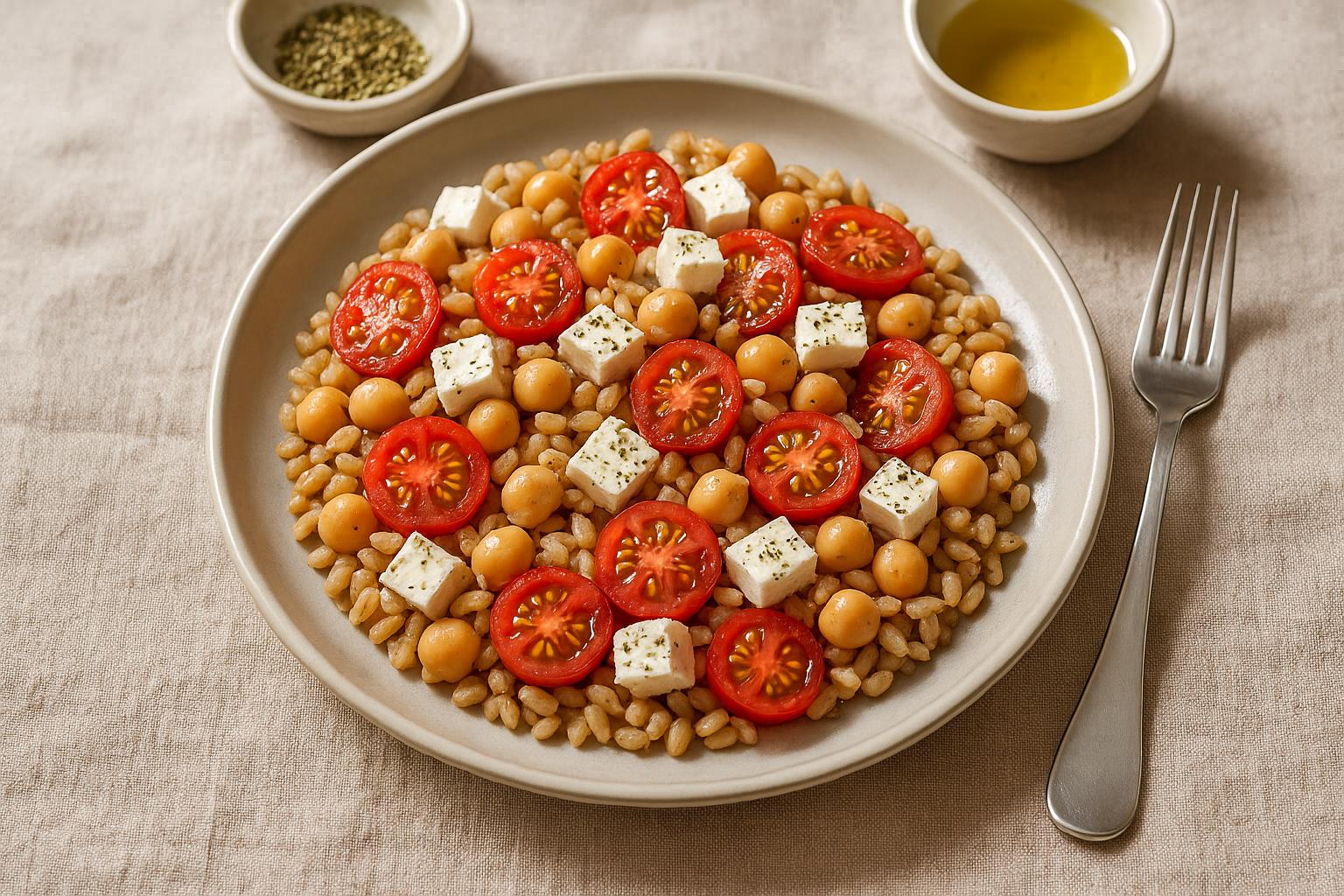 Farro con pomodorini, feta e ceci