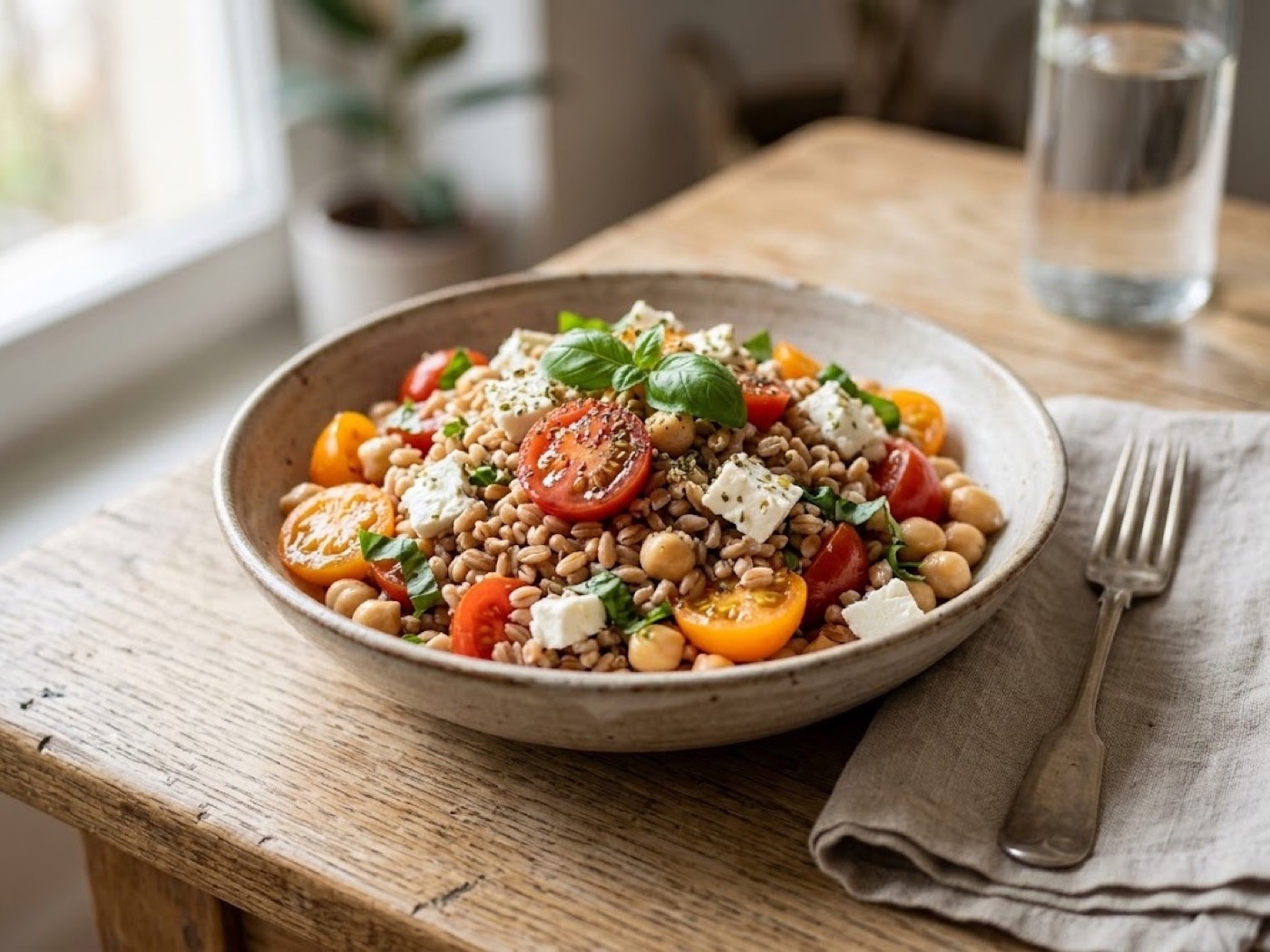 Farro con pomodorini, feta e ceci