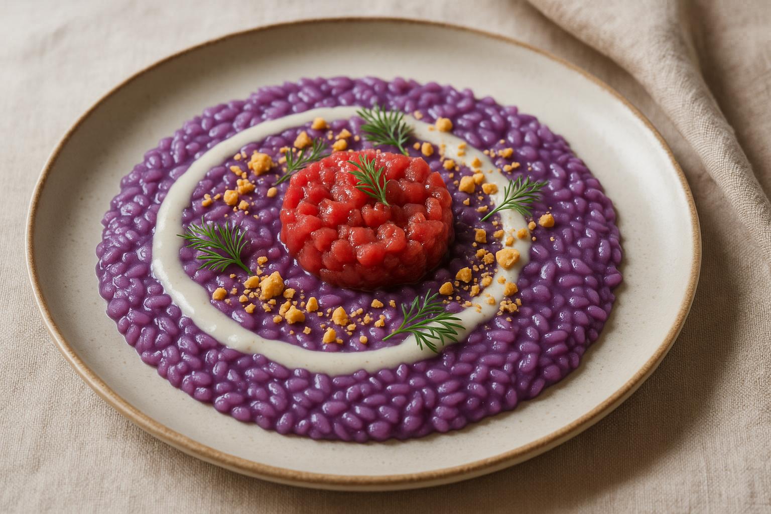 Risotto viola con tartare di manzo, granella di nocciola, aneto e salsa al lardo