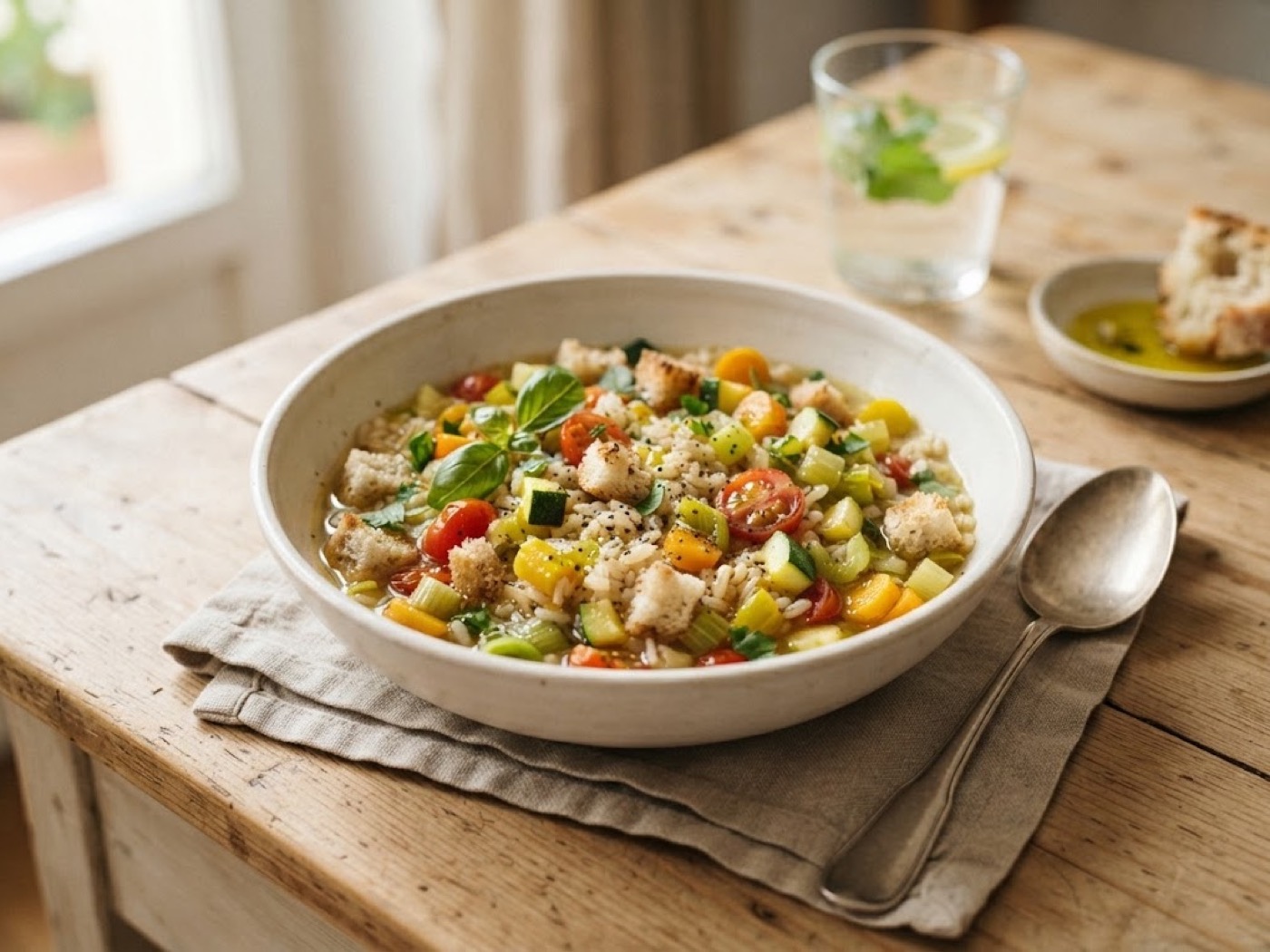 Minestra fredda di pane e riso con verdure
