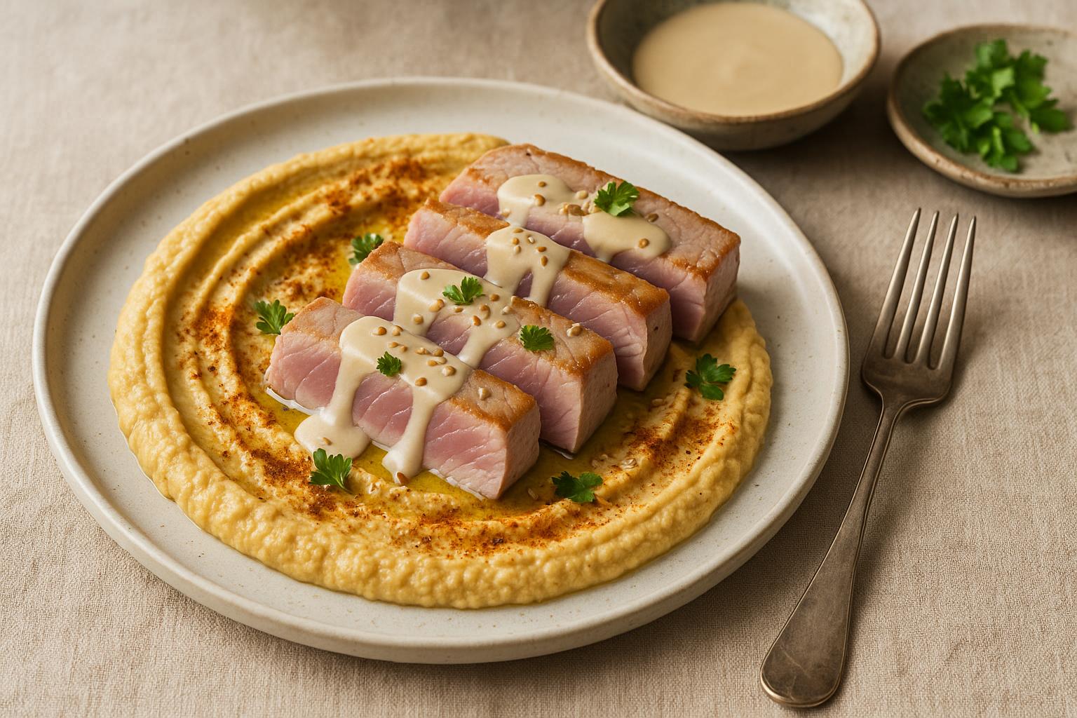 Filetti di tonno alla tahina con hummus