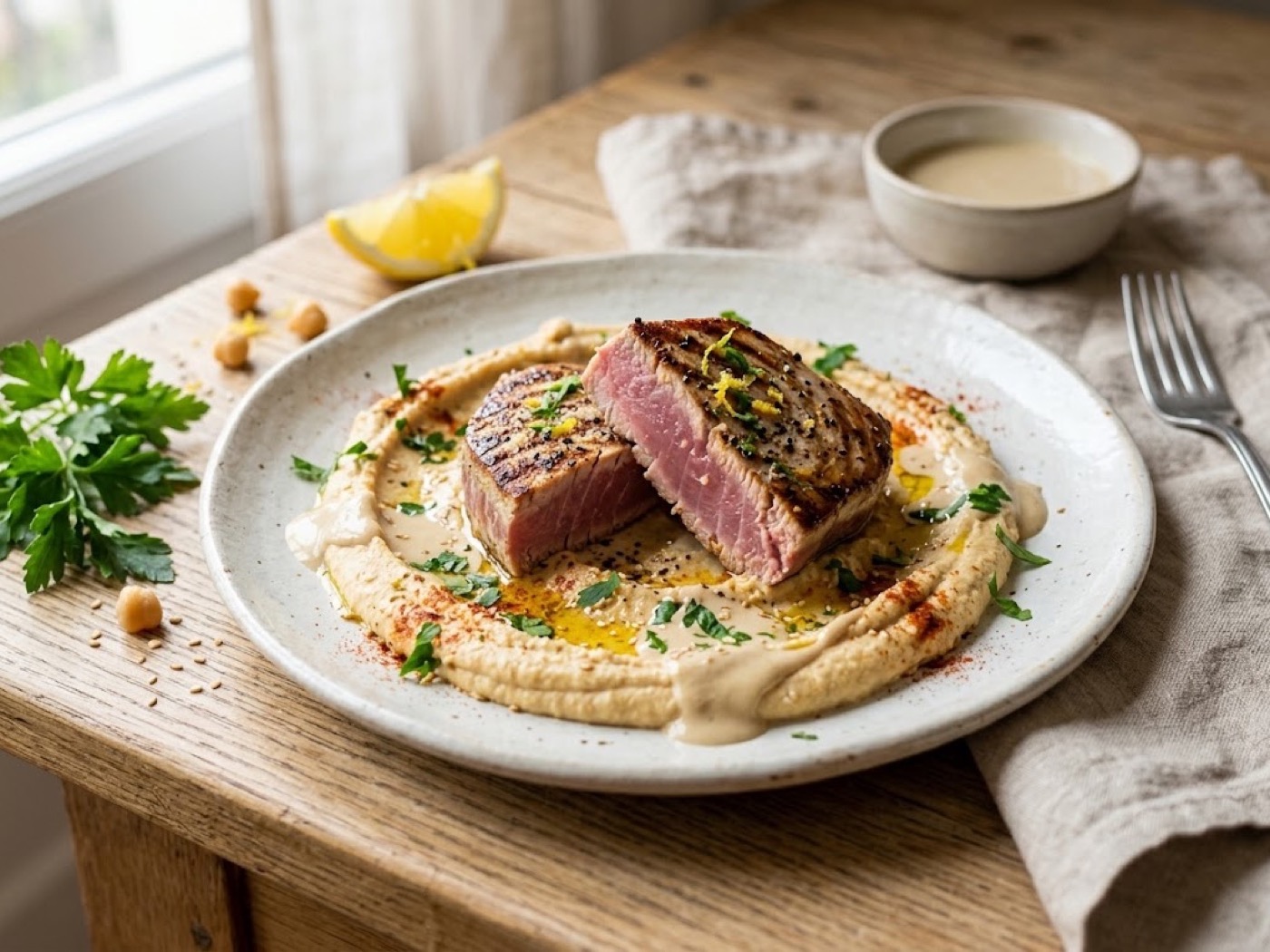 Filetti di tonno alla tahina con hummus