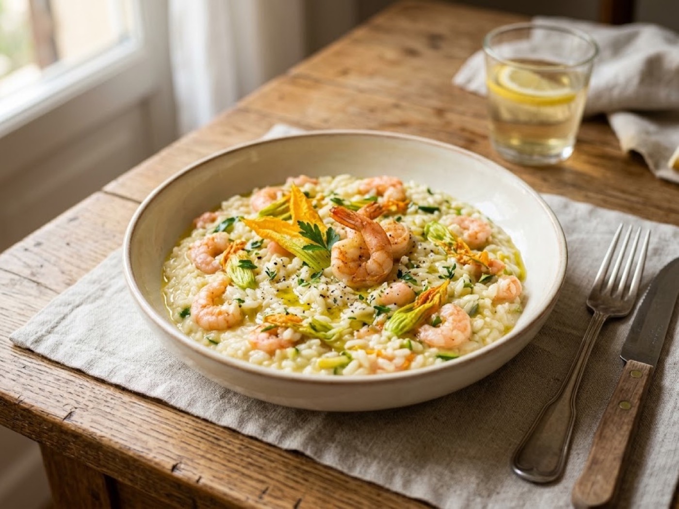 Risotto gamberetti e fiori di zucca