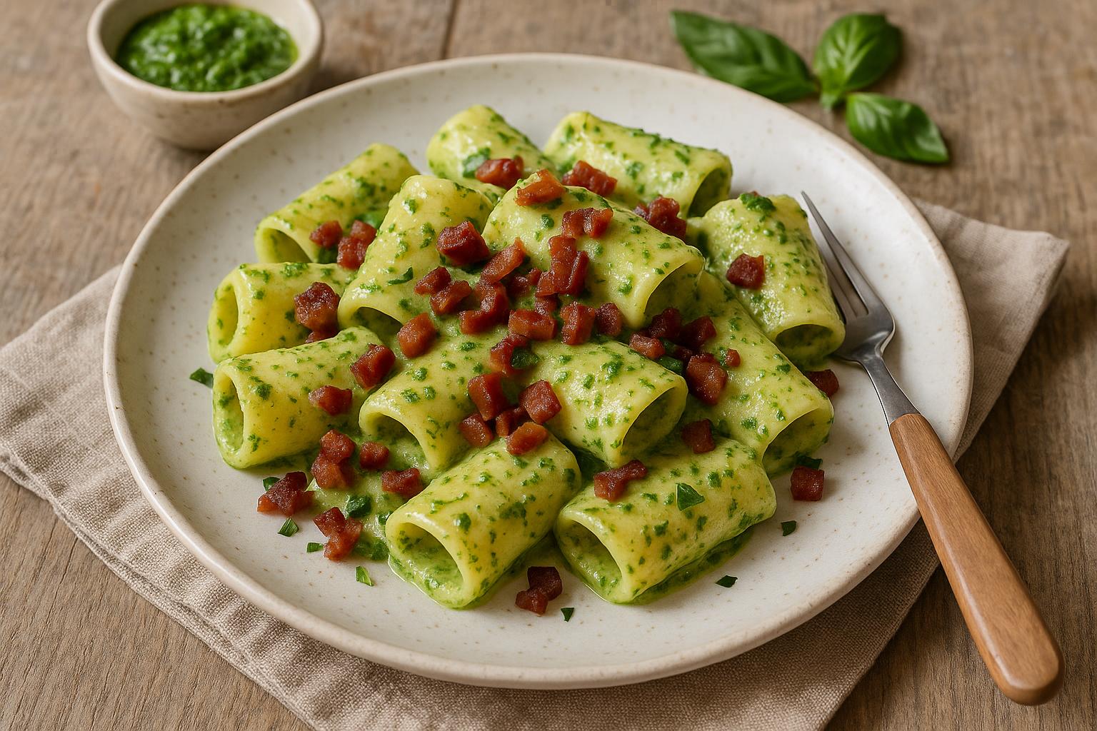Pasta pesto stracchino e speck