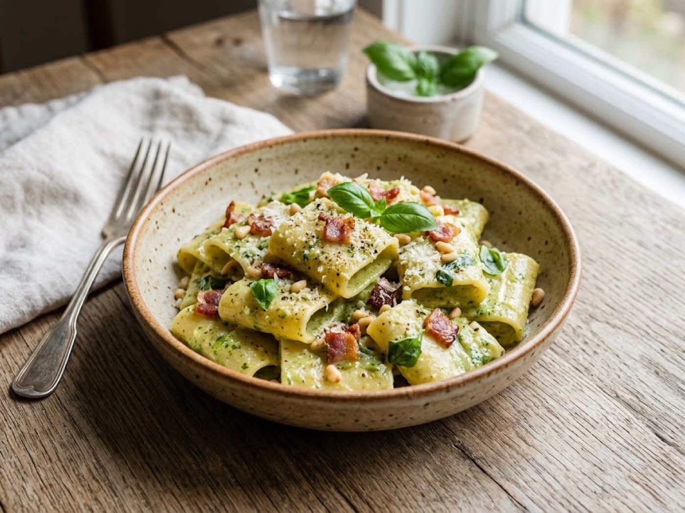 Pasta pesto stracchino e speck
