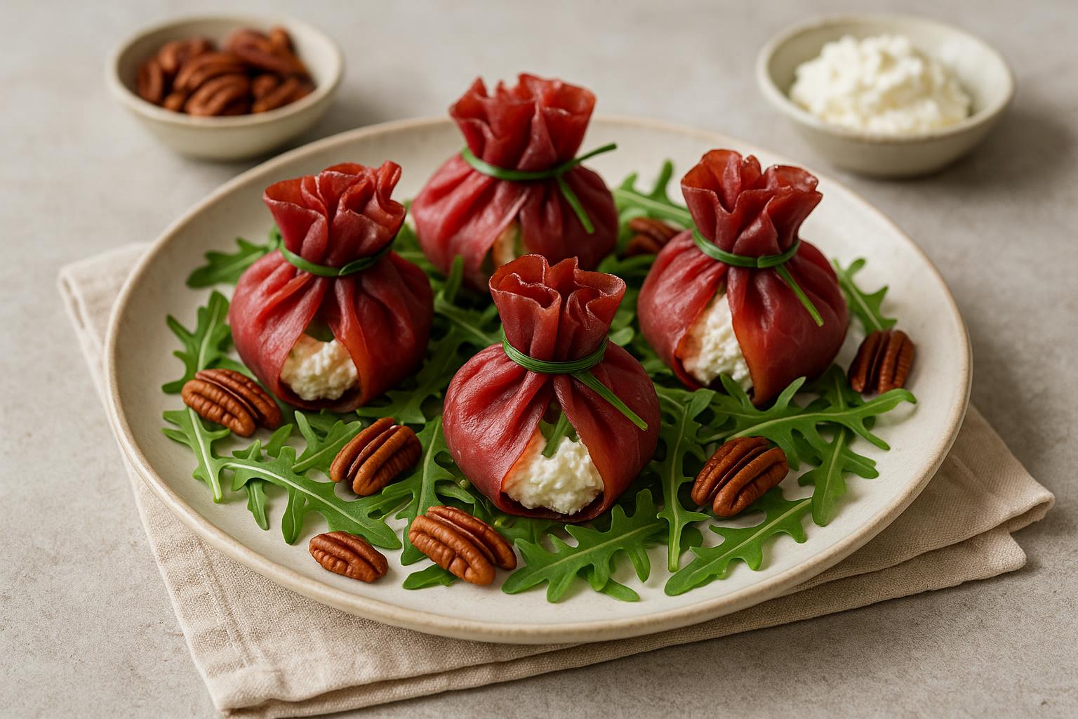 Fagottini di bresaola con ricotta, rucola e noci pecan