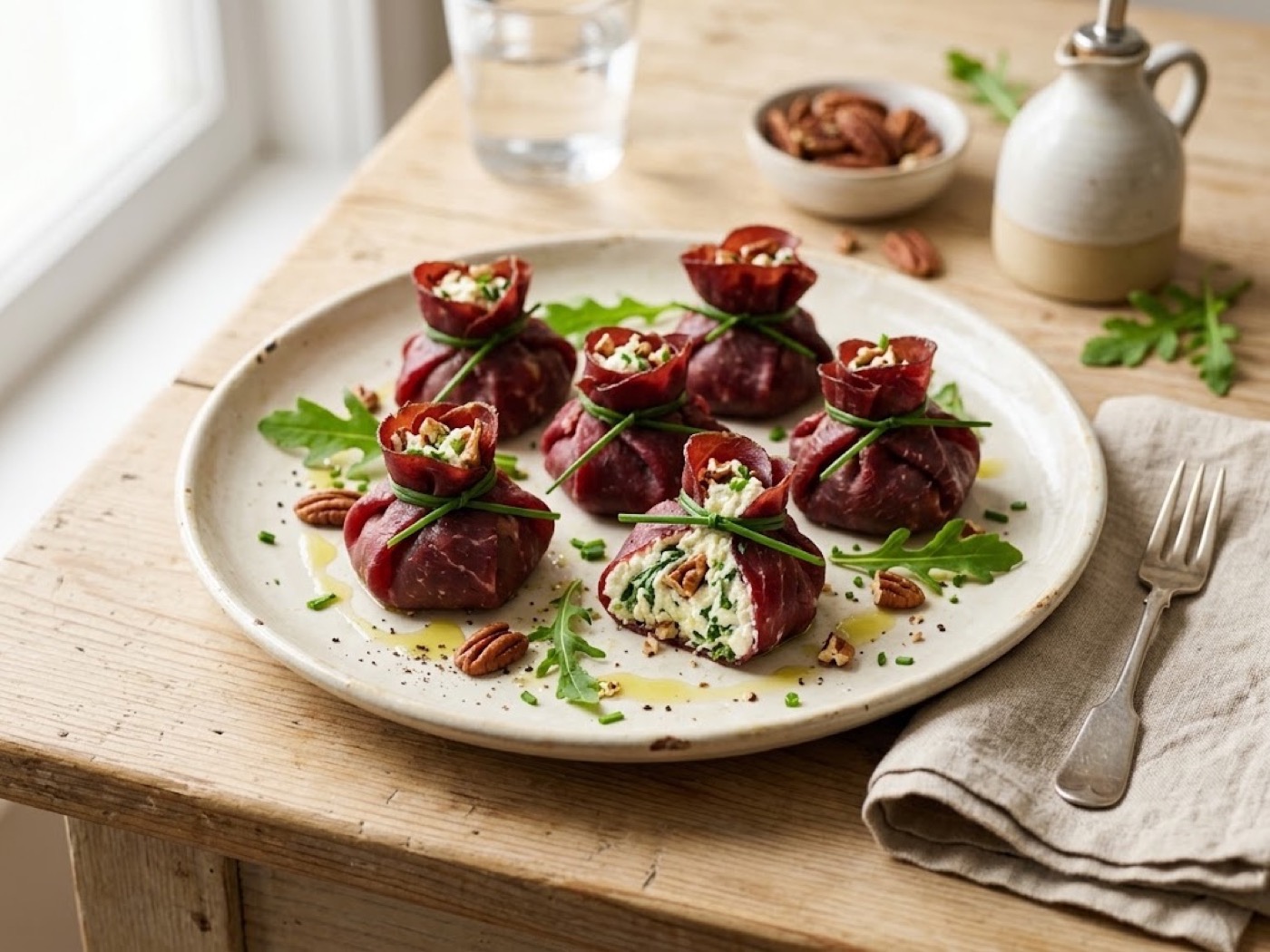 Fagottini di bresaola con ricotta, rucola e noci pecan