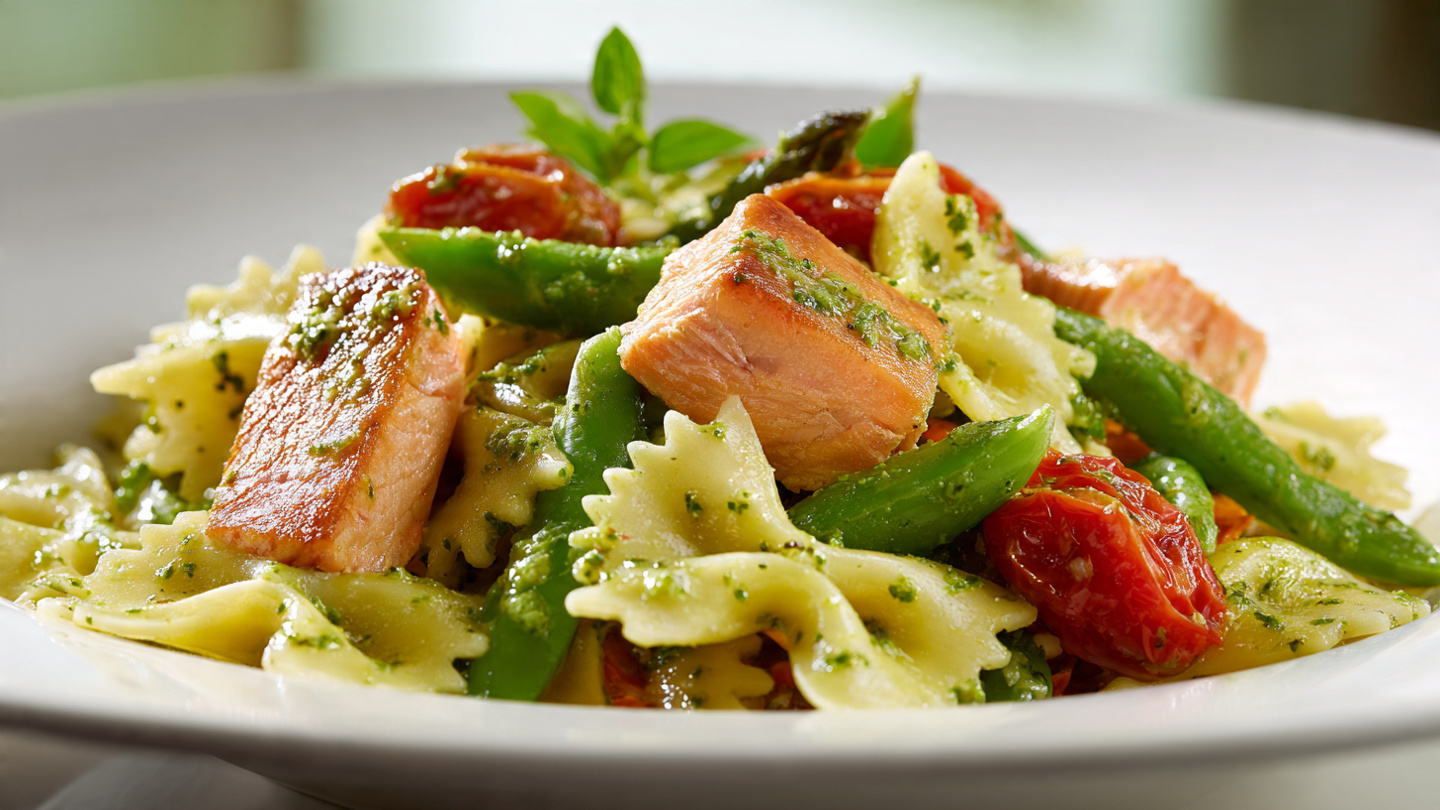 Farfalle al salmone, taccole e pomodorini confit con pesto di rucola
