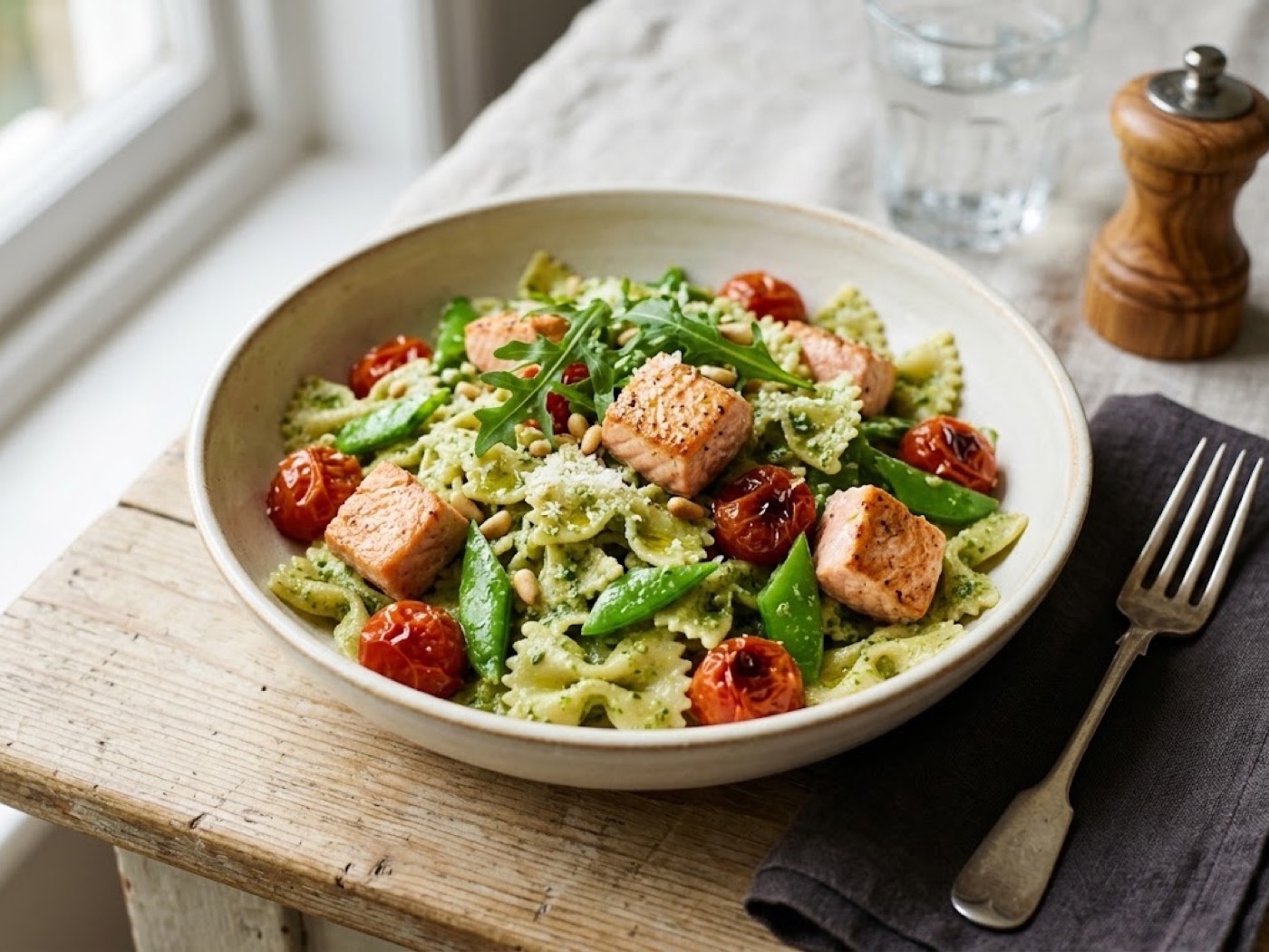 Farfalle al salmone, taccole e pomodorini confit con pesto di rucola