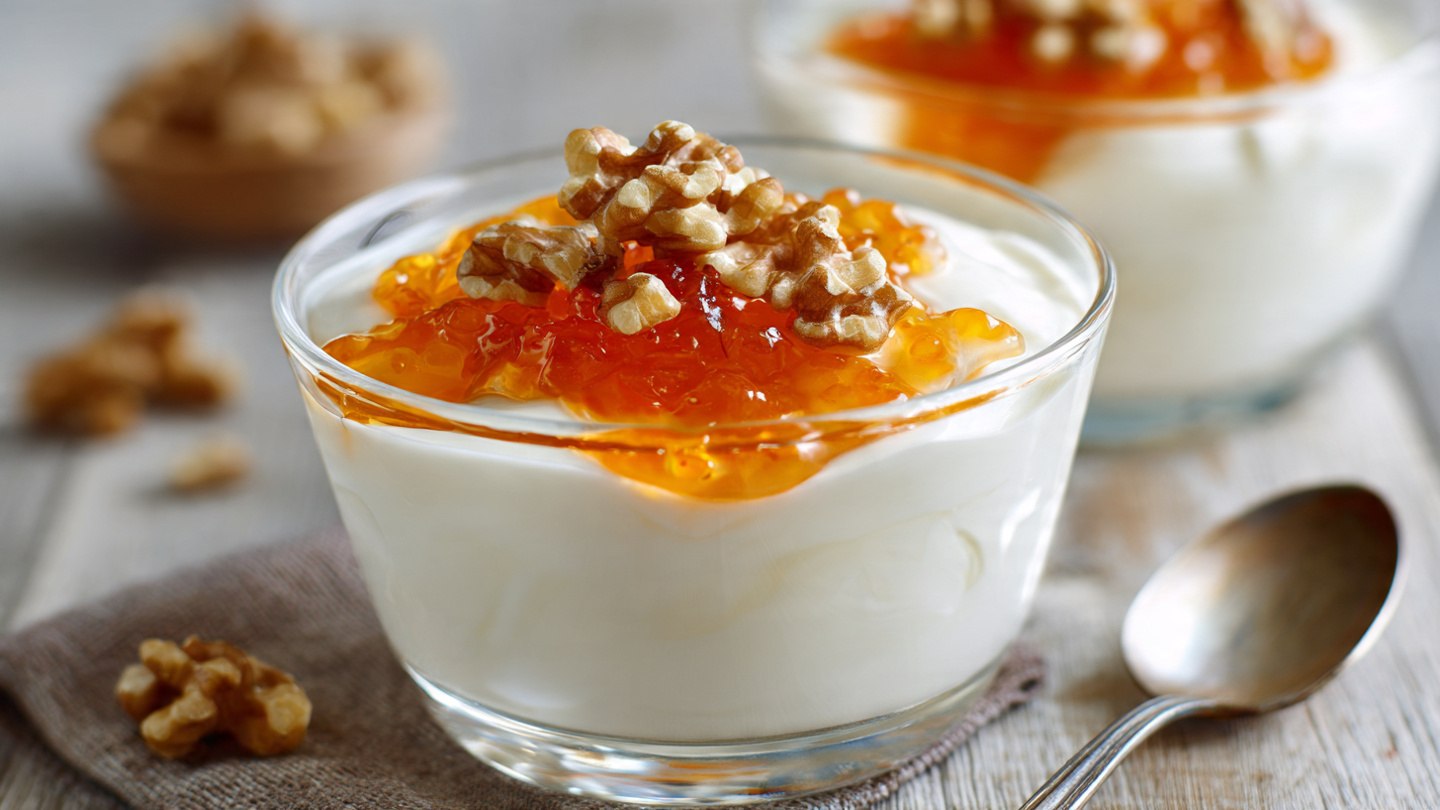 Yogurt con marmellata e noci