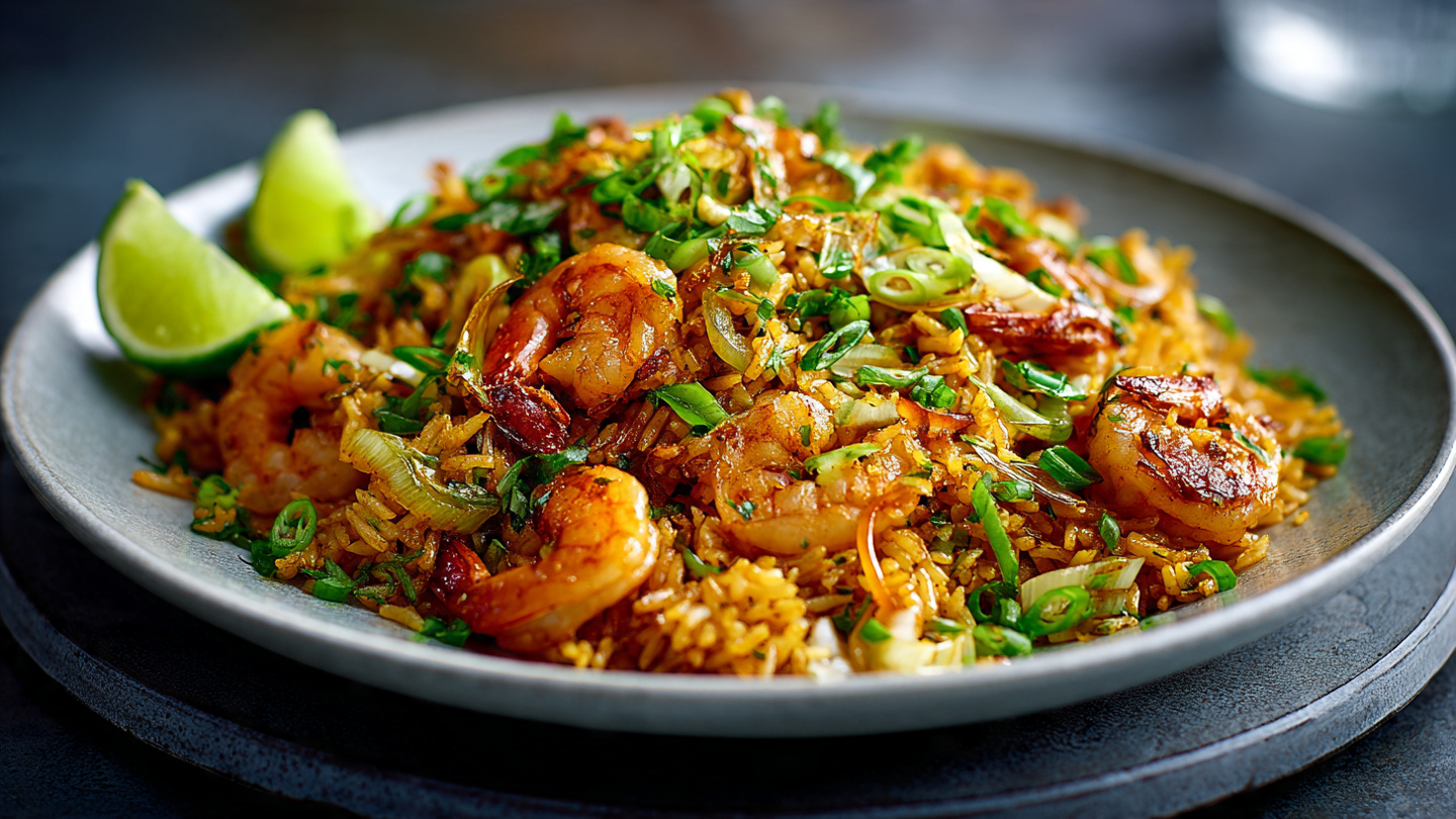 Nasi goreng - riso all'indonesiana con mazzancolle, porri e salsa di soia