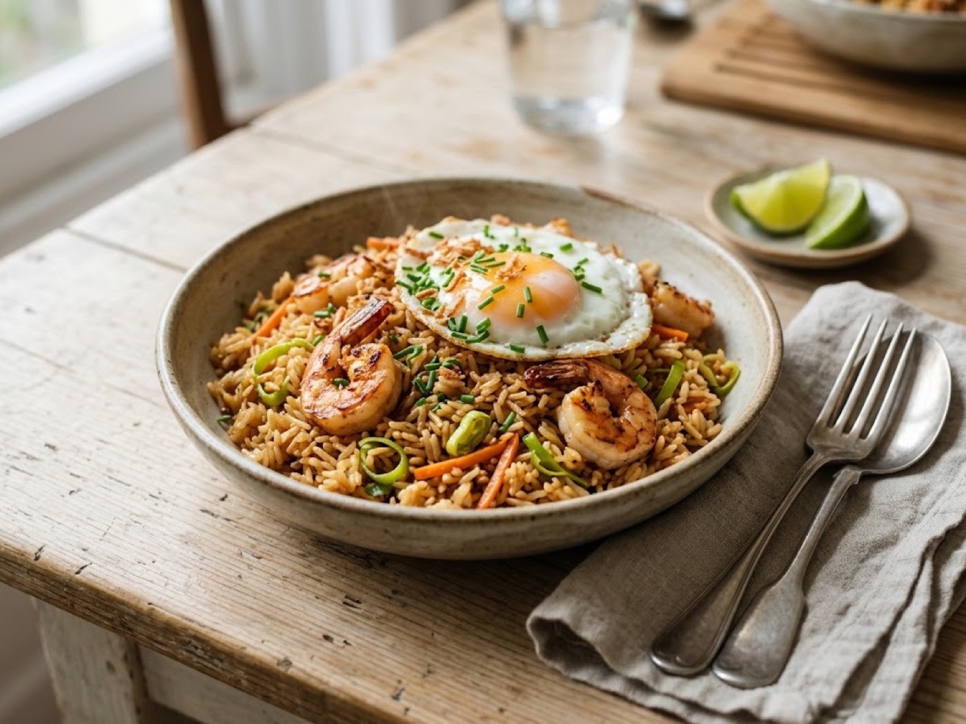 Nasi goreng - riso all'indonesiana con mazzancolle, porri e salsa di soia