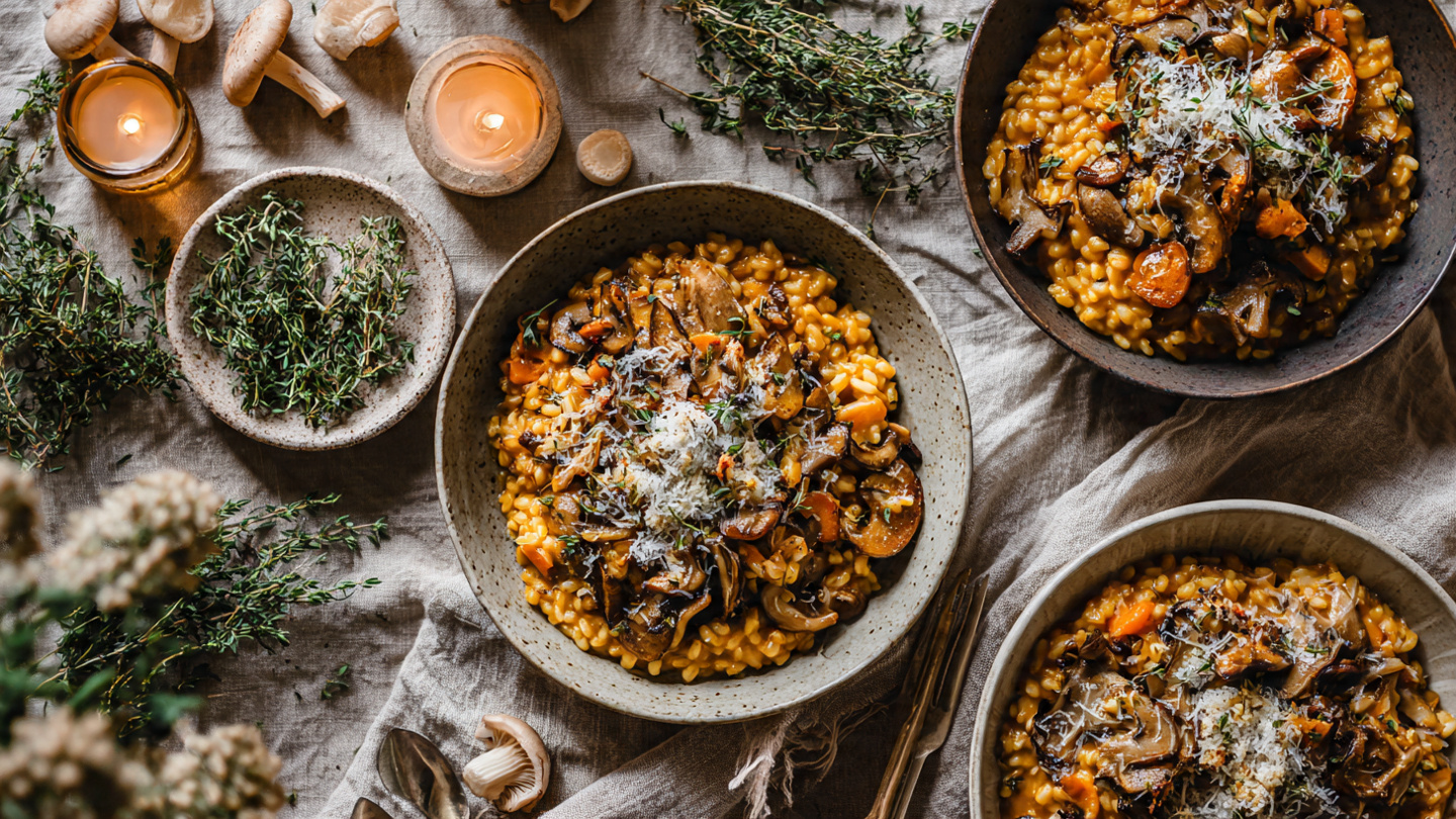 Orzotto fondente ai funghi champignon con crema di zucca e Grana Padano Dop