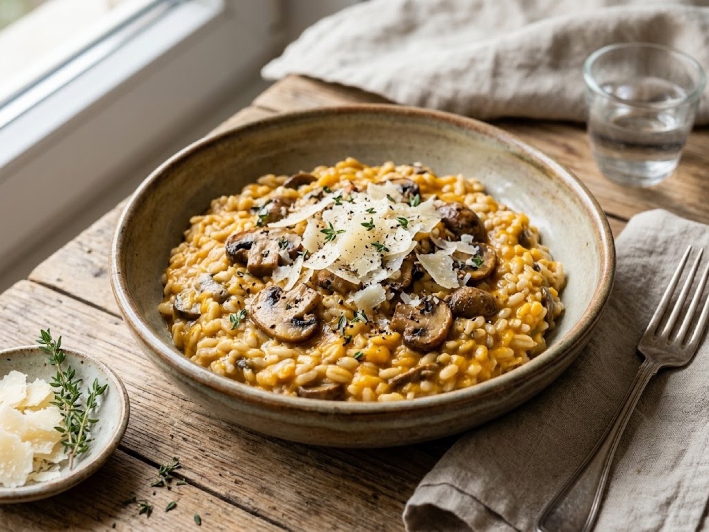 Orzotto fondente ai funghi champignon con crema di zucca e Grana Padano Dop