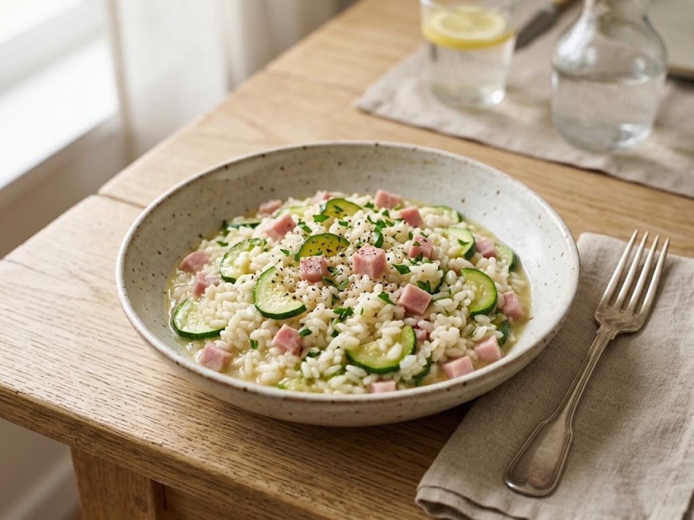 Risotto light con zucchine e prosciutto