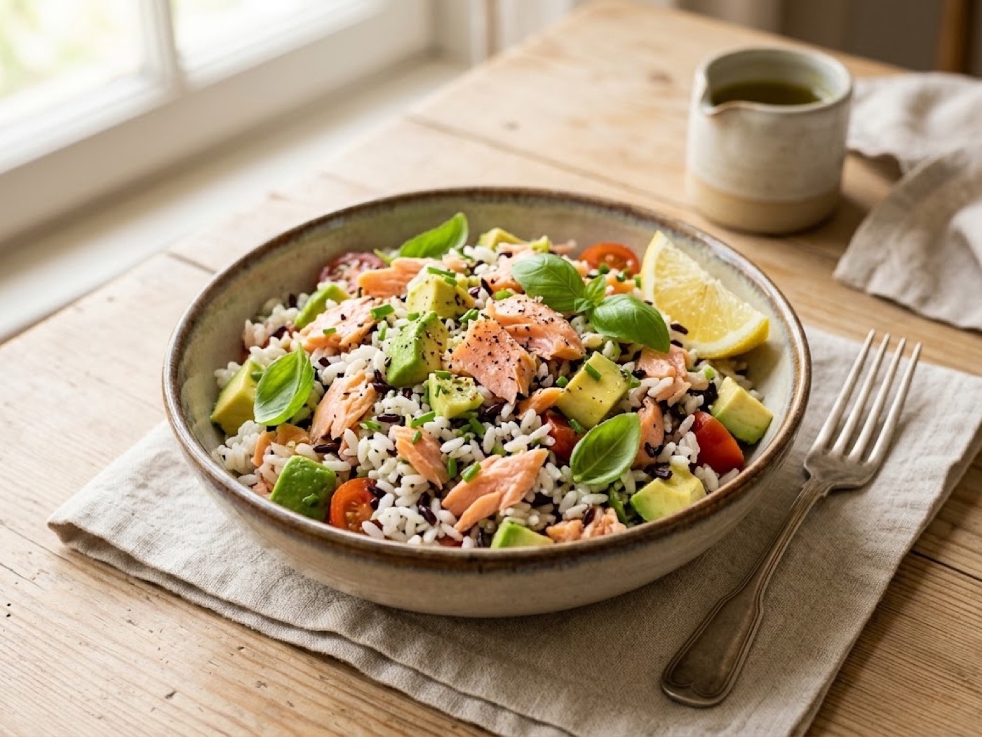 Insalata di riso, salmone e avocado