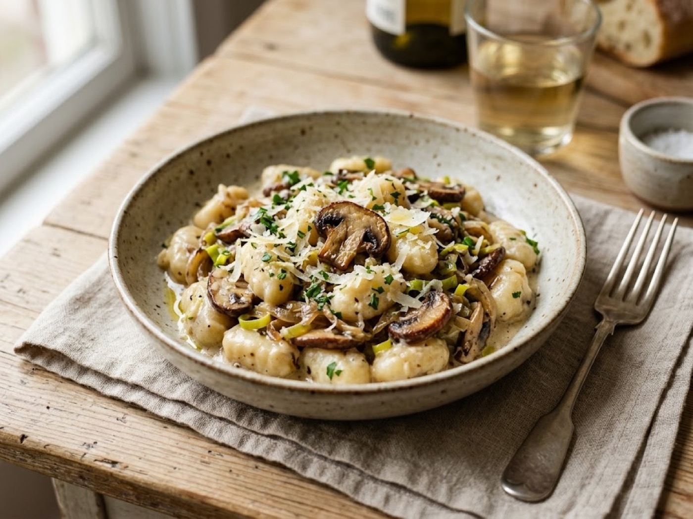 Gnocchi con funghi, porro e cipolla