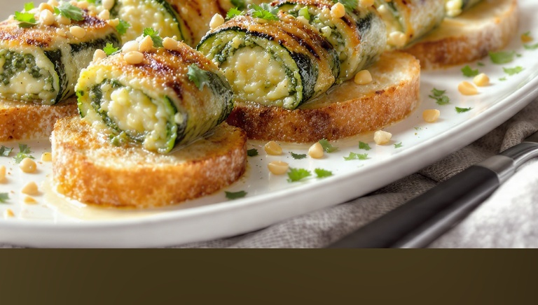 Rotolini di zucchine grigliate con formaggio, pesto ed erbette