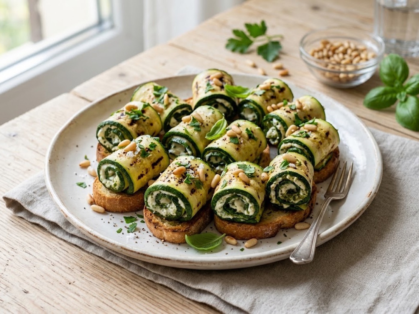 Rotolini di zucchine grigliate con formaggio, pesto ed erbette