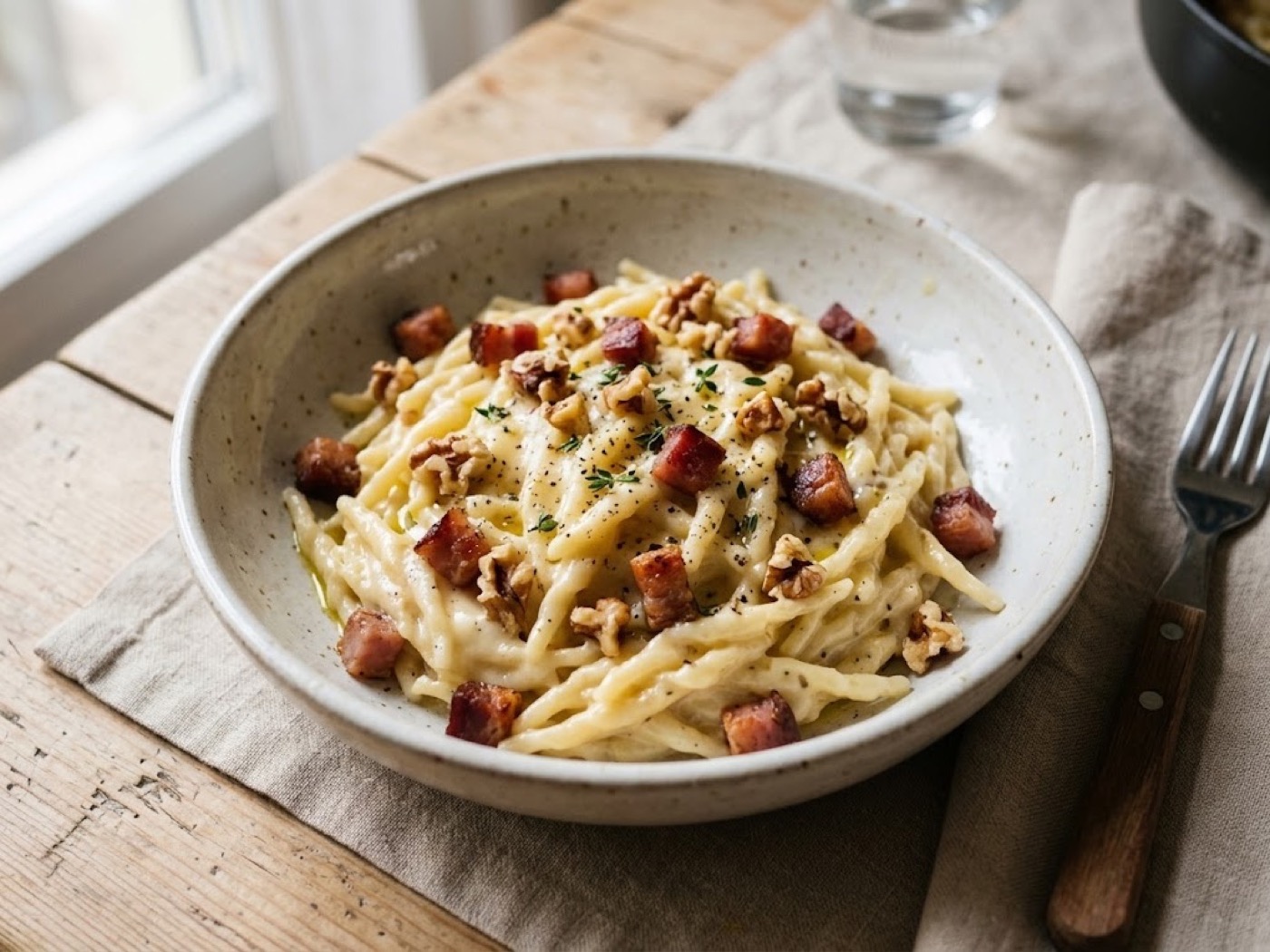 Pasta speck, provola e noci