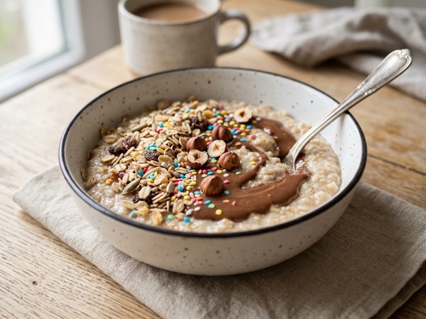 Porridge con muesli, nocciole e crema al cacao