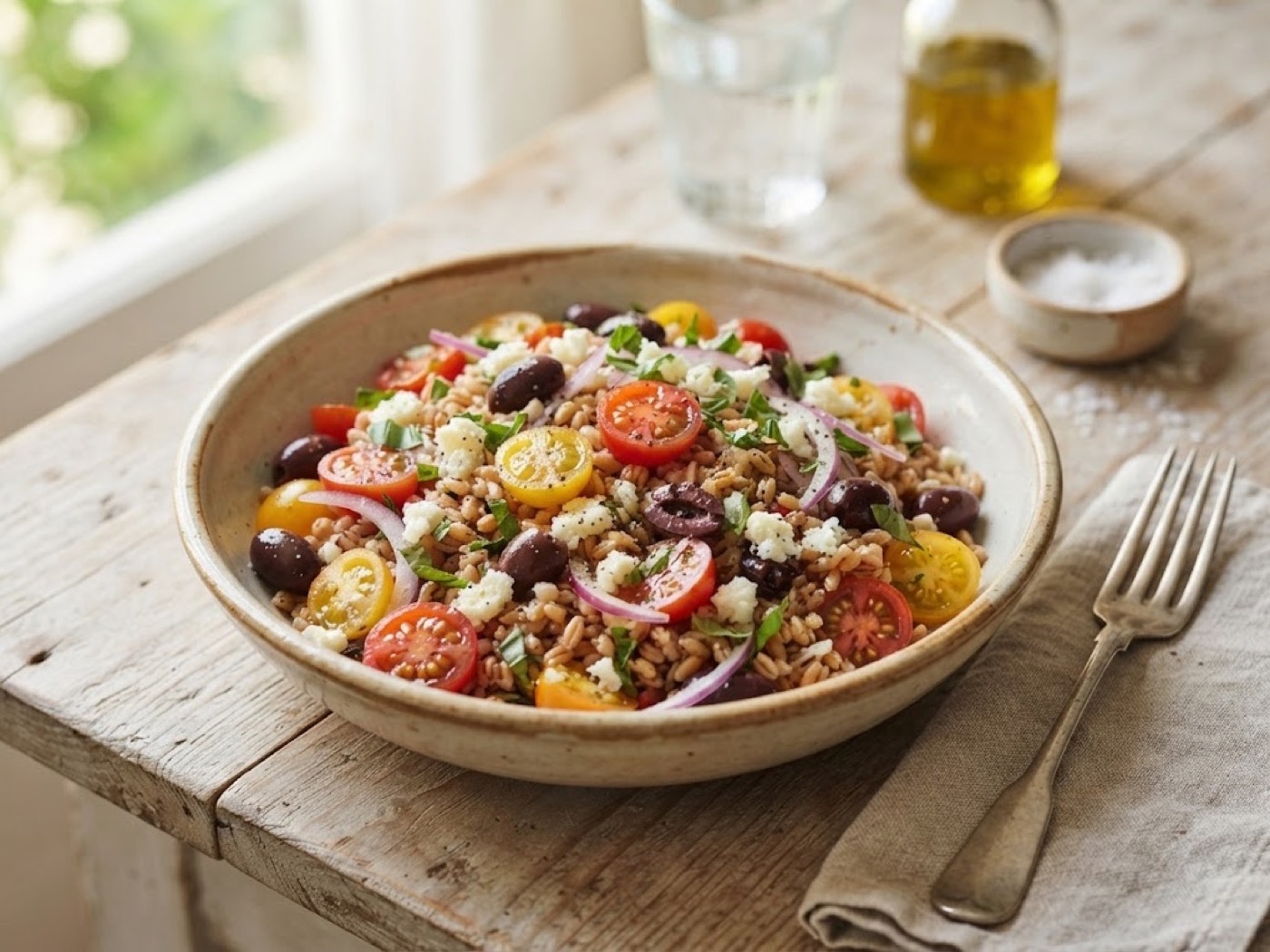 Insalata di farro, pomodori, olive e pecorino