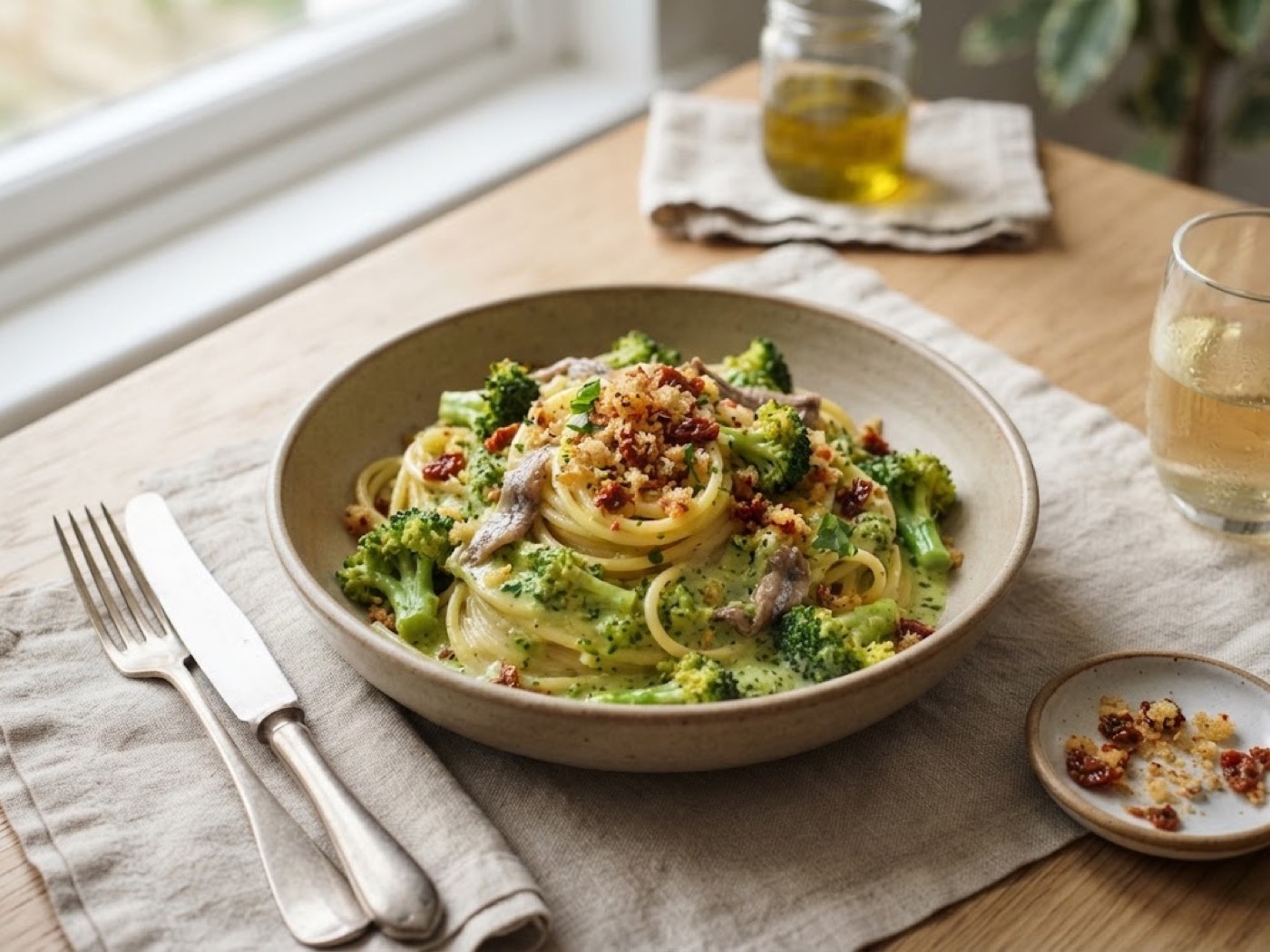 Spaghetti con crema di broccoli e alici