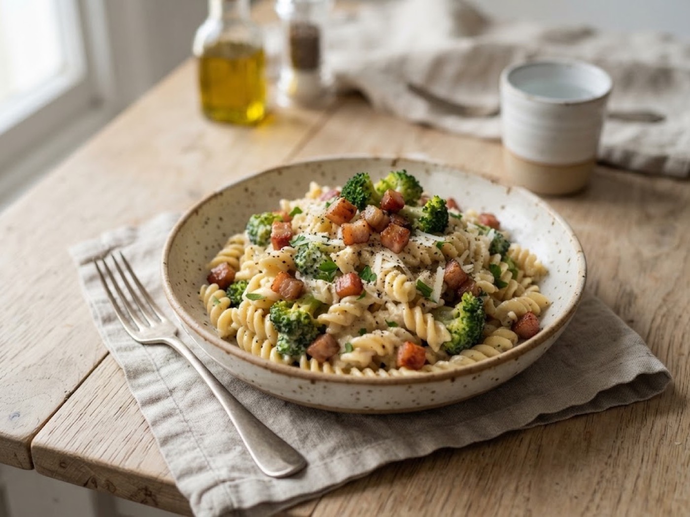 Fusilli con broccoli e pancetta