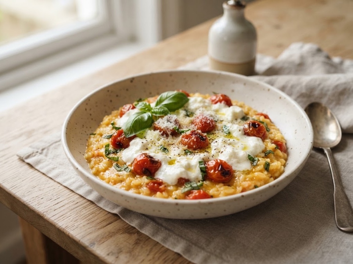 Risotto pomodorini, basilico e stracciatella