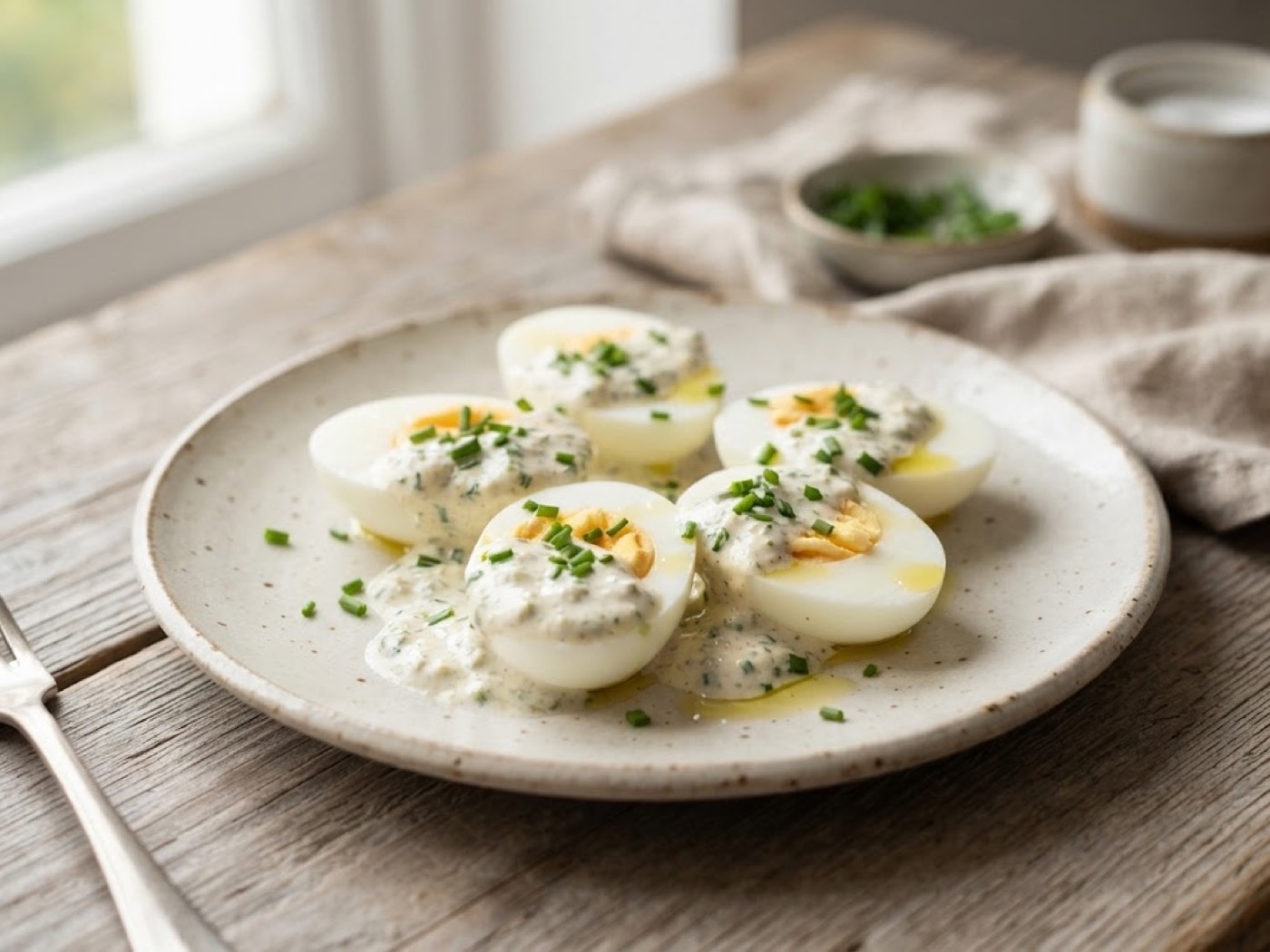 Uova sode con salsa allo yogurt ed erba cipollina