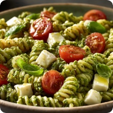 Pasta fredda al pesto, pomodorini e mozzarella