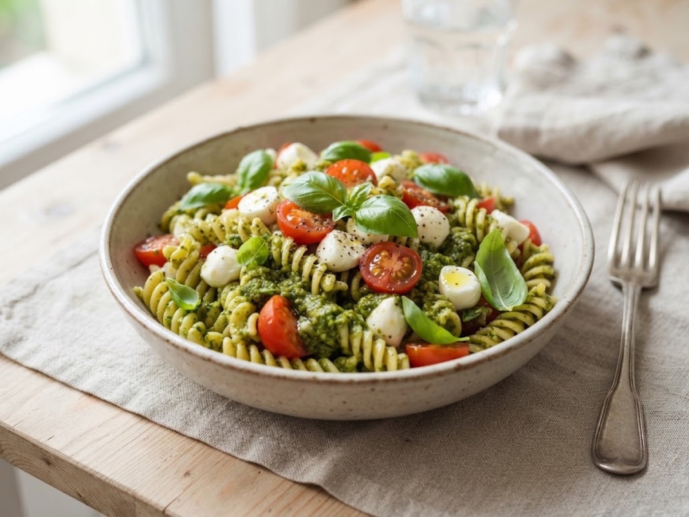 Pasta fredda al pesto, pomodorini e mozzarella