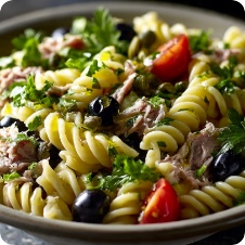 Pasta fredda tonno, olive e capperi