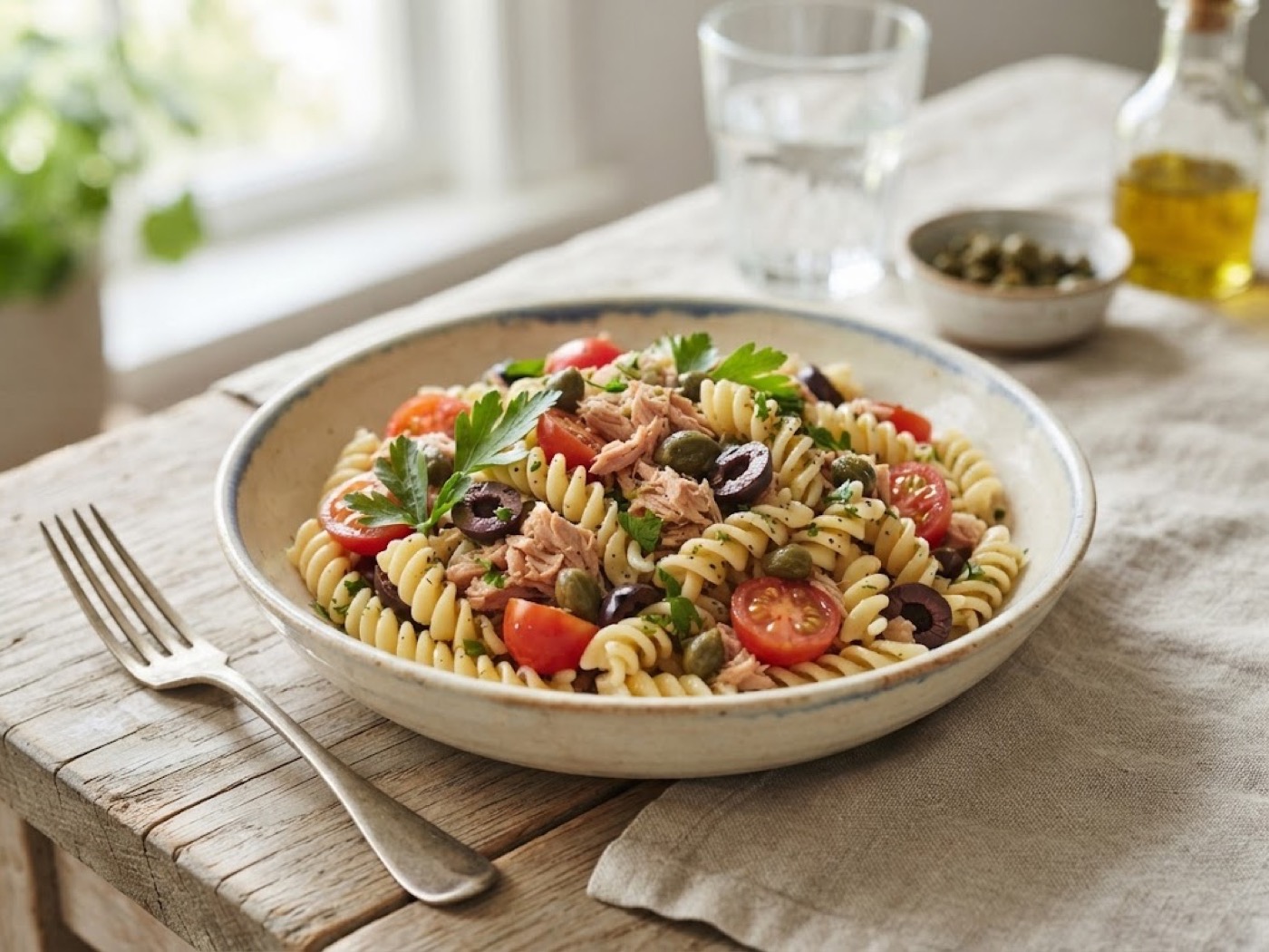 Pasta fredda tonno, olive e capperi