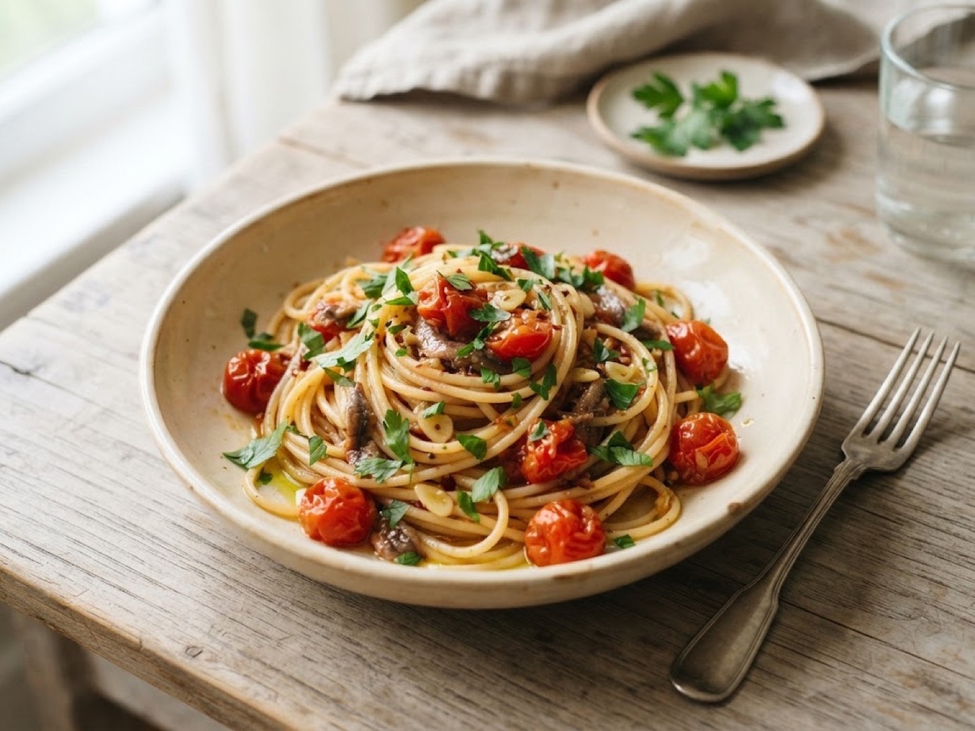 Pasta con alici e pomodorini