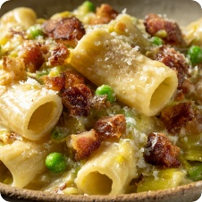 Pasta con porri, piselli e pancetta