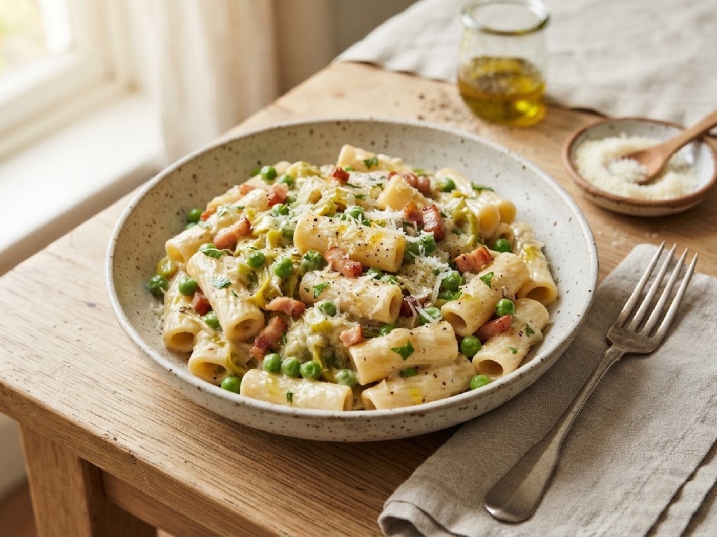 Pasta con porri, piselli e pancetta