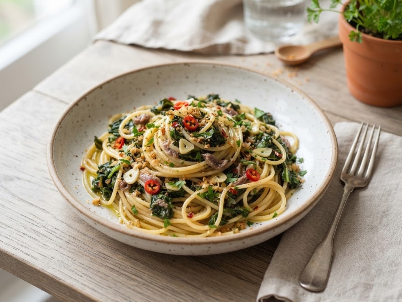 Pasta con erbette e acciughe